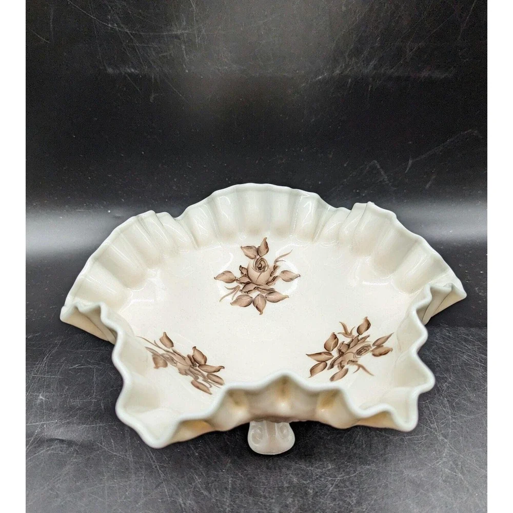 Vintage Fenton Beige & Brown flowers Hand-Painted Candy Dish Bowl Footed 8